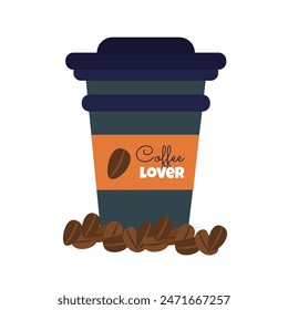 Cute coffee paper cup. Coffee cup doodle with beans and Coffee lover written on it. Cup for Coffee lovers doodle on plain white background, vector illustration, sticker design. 