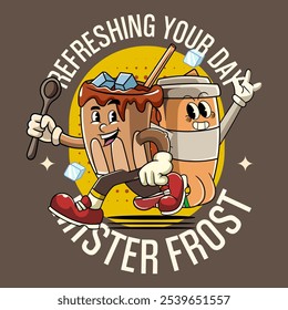 Cute Coffee Paper Cup and Ice Coffee Cartoon Character Mascot Vector Illustration in Vintage Retro 70s 80s Groovy Style for sticker, poster, flyer, brochure, invitation, greeting card, banner