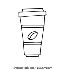 Cute coffee paper cup with a print in the form of coffee beans and steam on top in vector is suitable for social network icons, logos, cards, prints, design and any design