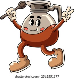 Cute Coffee Pot Cartoon Character in Retro 70s Illustration