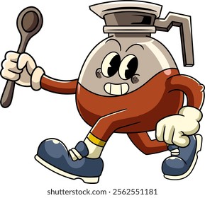 Cute Coffee Pot Cartoon Character in Retro 70s Illustration