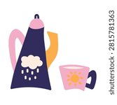 Cute coffee pot and cup vector illustration on white background. Minimalist hand drawn doodle teapot and mug clipart for cozy cafe kitchen decor.