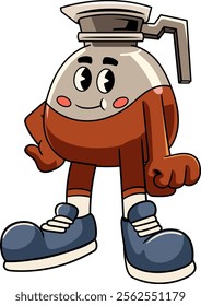 Cute Coffee Pot Standing Pose Cartoon Character in Retro 70s Illustration