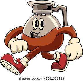 Cute Coffee Pot Walking Pose Cartoon Character in Retro 70s Illustration