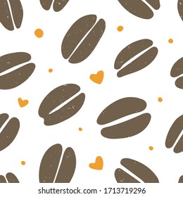 Cute coffee seamless pattern. Brown coffee beans on white background. Vector shabby hand drawn illustration
