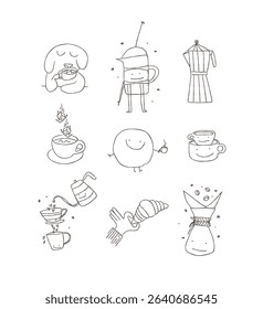 Cute coffee set collection dog with cup, french press, pot, cookie, sugar, hand with croissant, drip drawing on white background illustration