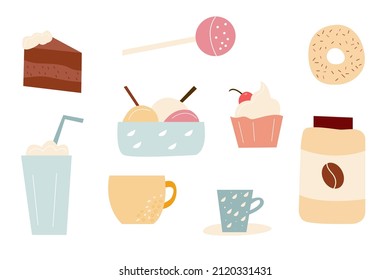 Cute coffee set with desserts and drinks. Vector minimalistic illustration in  flat cartoon style with cake, cupcake, ice cream, cups isolated on white background. Suitable for menu and presentations