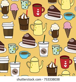 cute coffee shop doodle seamless pattern