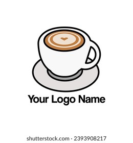 A Cute Coffee Shop Logo. Cafe Latte mug with Love Latte icon. Espresso hot drink cup sign. Cappuccino emblem. Vector illustration.