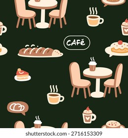 Lindo patrón de la cafetería sin fisuras con postres y bebidas