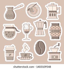 Cute coffee sticker pack: utensils, makers and drinks. Beige background. Flat linear style illustration. Vector.