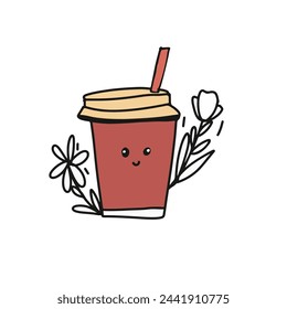 Cute coffee sticker for your design. Line  art illustration. 