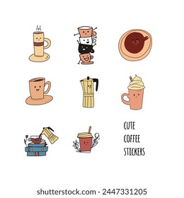 Cute coffee sticker for your design. Line  art illustration. 