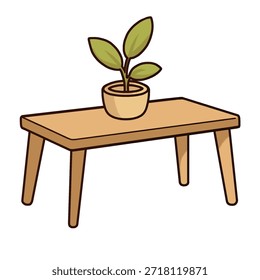 Cute coffee table illustration with a small potted plant on top. Cozy cartoon-style furniture, perfect for living room and home decor designs.