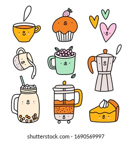 Cute coffee and tea cartoon characters, vector set