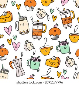 Cute coffee and tea cartoon characters, vector seamless pattern, isolated on white background