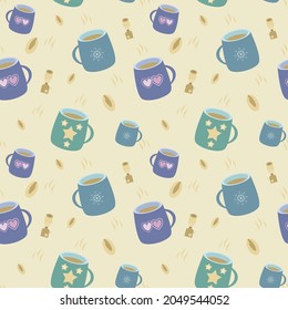 El café y el té de la taza cerámica sin soldadura con fondo de color marrón comprenden el corazón de amor, la estrella, el molino de café, el frijol, el aroma. ilustración vectorial mug arte vintage. este diseño se usa para impresión en papel.