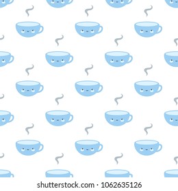 Cute Coffee and Tea Cup, Blue Cartoon Smile Face Seamless Pattern Background
