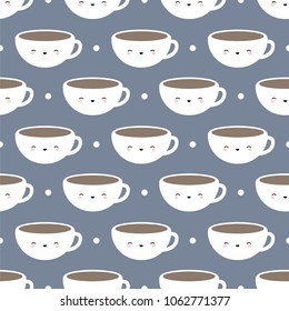 Cute Coffee and Tea Cup, Cartoon Smile Face Seamless Blue Pattern Background