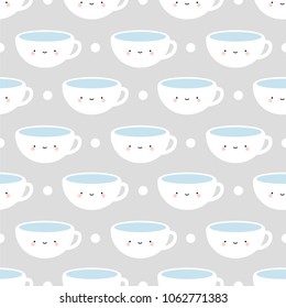 Cute Coffee and Tea Cup, Cartoon Smile Face Seamless Grey Pattern Background