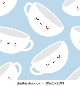 Cute Coffee And Tea Cup, Cartoon Smile Face Blue Seamless Pattern Background