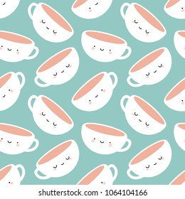 Cute Coffee and Tea Cup, Cartoon Smile Face Seamless Green Pattern Background