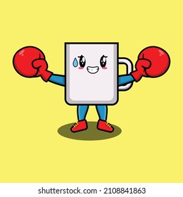 Cute-Coffee-Teebecher-Maskottkartoon mit Boxhandschuhen und niedlichem Design für T-Shirt, Aufkleber, Logoelemente