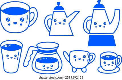 Cute coffee and tea cup and mug set. Vector illustration
