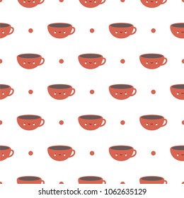 Cute Coffee and Tea Cup, Red Cartoon Smile Face Seamless Pattern Background