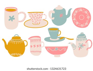 Cute Coffee or Tea Set, Design Elements with Teapot, Teacup, Saucer, Jug Milk and Napkin Vector Illustration