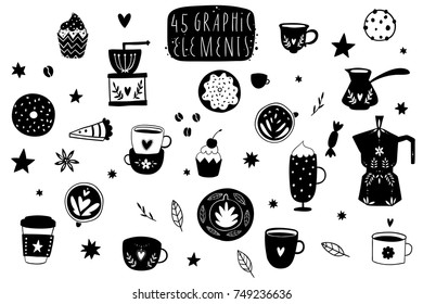 Cute coffee theme elements for poster cards wallpapers banners template design set. Collection of cute scandinavian kitchen interior decor signs, icons and symbols for coffee lovers. Vector eps 10