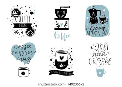 Cute coffee theme premade poster cards wallpapers banners template design set. Collection of cute scandinavian kitchen interior decor for coffee lovers. Vector eps 10