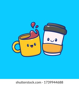 Cute Coffee Time Vector Icon Illustration. Coffee Drink Icon Concept Isolated Premium Vector. Flat Cartoon Style 