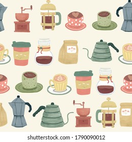 süße Kaffeewerkzeuge im Retro-Stil im Vintage-Stil mit Aquarell-Textur-Muster nahtlos, Idee für Geschenkpapier-Wrapper, Verpackungspapier, Karte, Druck, Hintergrund