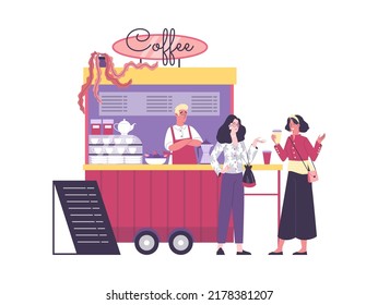 Cute coffee van, young salesman flat style, vector illustration isolated on white background. Smiling girls talking and drinking coffee, street food, take away