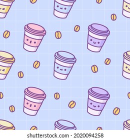 Cute Coffee vector seamless pattern. Kawaii espresso, cappuccino or latte cup with caffeine bean. Repeating background for teenage girl or kid. For packaging, postcard, textile, print, wrapping