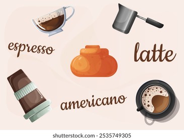 A cute coffee-themed set that includes two extra coffee cups,glass and a metal Turk, the same delicious cinnabon located in the middle of the set. When changing colors coffee, brown, silver and white.