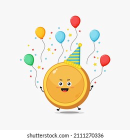 Cute coin character celebrating birthday