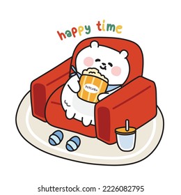 Cute cola bear hold popcorn stay on red sofa.Funny animal character cartoon design.Kid graphic design.Holiday.Relax.Isolated.Kawaii.Vector.Illustration.