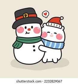 Cute cola bear hug snowman cartoon.Merry christmas  concept.Winter season.Animal character design.Isolated.Art.New year.Kawaii.Vector.Illustration.