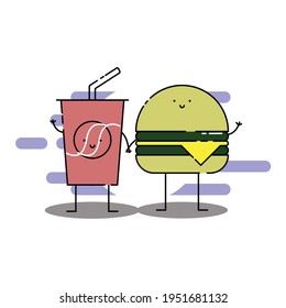 Cute cola and cheese burger  hold hand Illustration. modern simple food vector icon, flat graphic symbol in trendy flat design style. Food character.