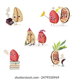 Cute cola nut characters set, collection. Flat vector illustration. Activities, playing musical instruments, sports, funny nuts.