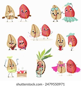 Cute cola nut characters set, collection. Flat vector illustration. Activities, playing musical instruments, sports, funny nuts.