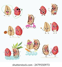 Cute cola nut characters set, collection. Flat vector illustration. Activities, playing musical instruments, sports, funny nuts.