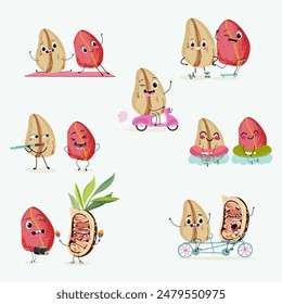 Cute cola nut characters set, collection. Flat vector illustration. Activities, playing musical instruments, sports, funny nuts.