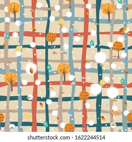 Cute Cold Autumn Pattern with  yellow trees and sun. Vector Illustration.