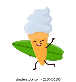Cute Cold refreshing ice cream in a waffle cone food character on surfboard cartoon illustration. Funny surfer, enjoying outdoor activity. Summer, extreme water sport concept