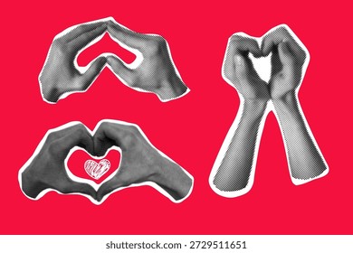 Lindas manos de medio tono de collage con corazón de garabato, gesto de amor. Elementos de papel recortados románticos rosados sobre un fondo claro, concepto del día de San Valentín.