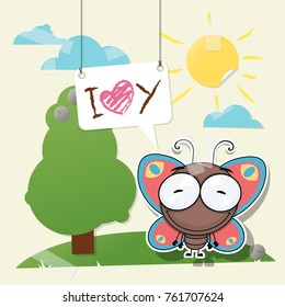 Cute collage from paper with funny butterfly. Vector illustration.