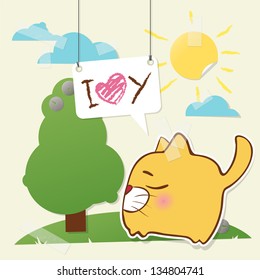 Cute collage from paper with funny cat. Vector illustration.